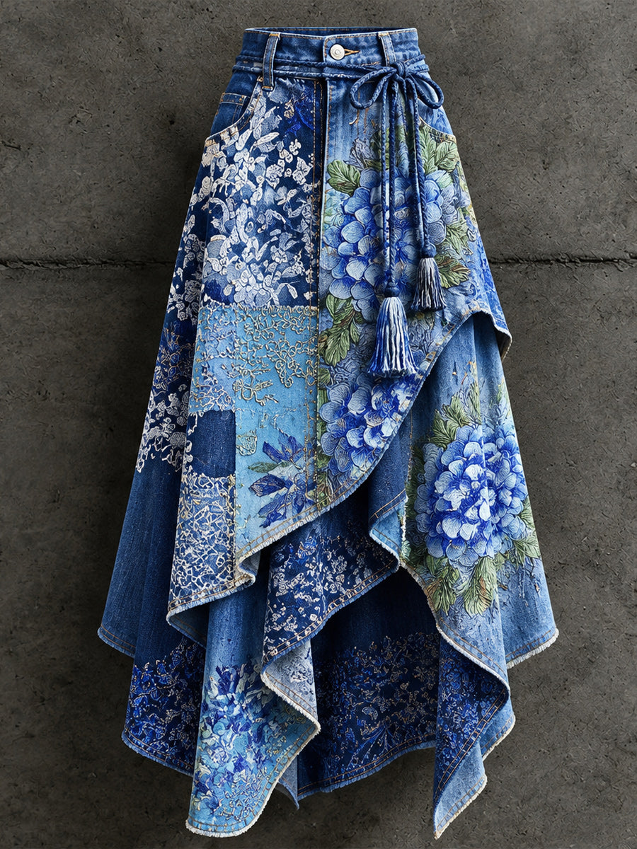 Women's Retro Style Art Print Irregularly Layered Stitched Skirt